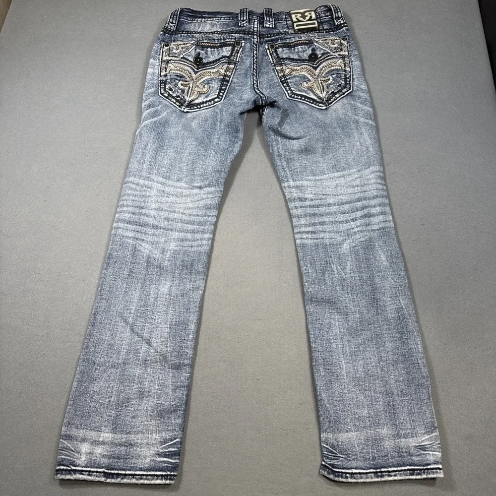 Men's 32 Rock Revival Jeans Clifford Straight 0855 WHISKERING THICKS STITCH